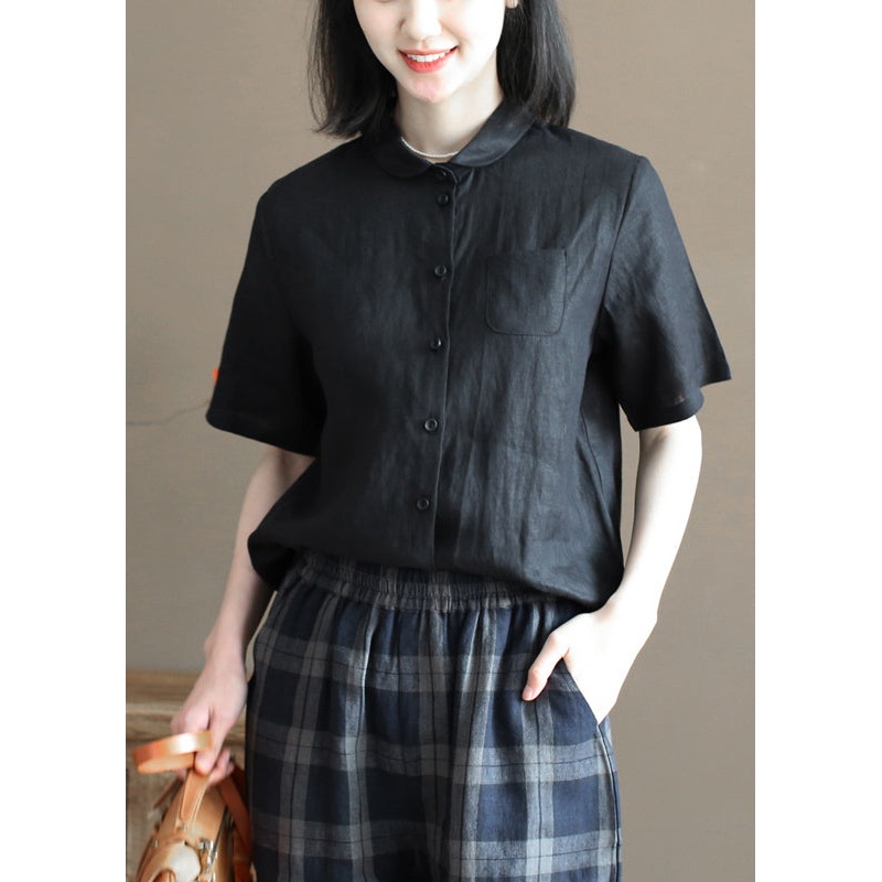 Solid Black Pocket Linen Loose Shirt Tops Peter Pan Collar Half Sleeve