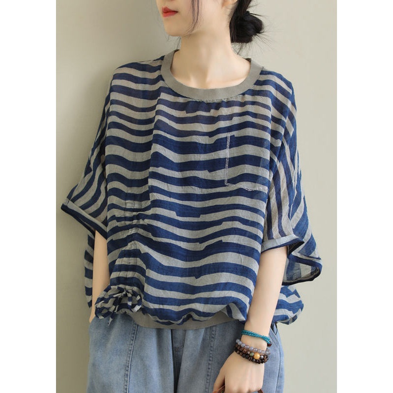 Style Blue O-Neck Drawstring Striped Print Linen Tank Top Batwing Sleeve