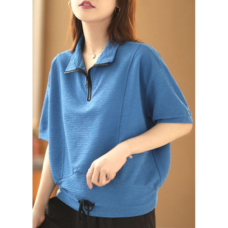 Style Blue Peter Pan Collar Zippered Drawstring Shirt Tops Short Sleeve