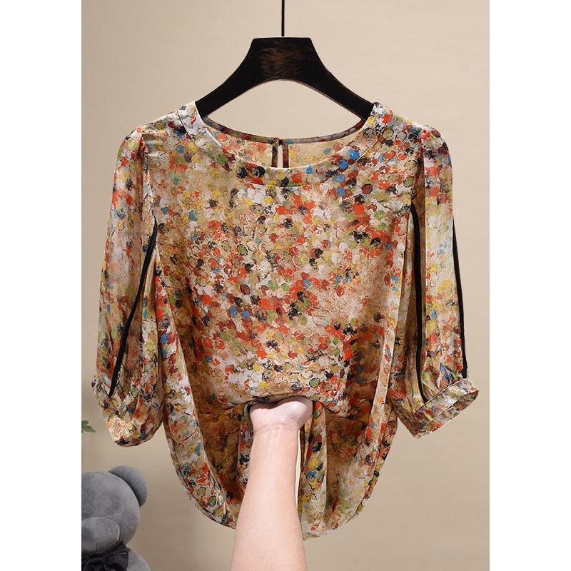 Style Khaki Print O-Neck Patchwork Button Chiffon Blouse Tops Short Sleeve