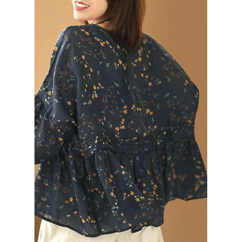 Style Navy O-Neck Wrinkled Print cotton blend Loose Shirt Tops Batwing Sleeve
