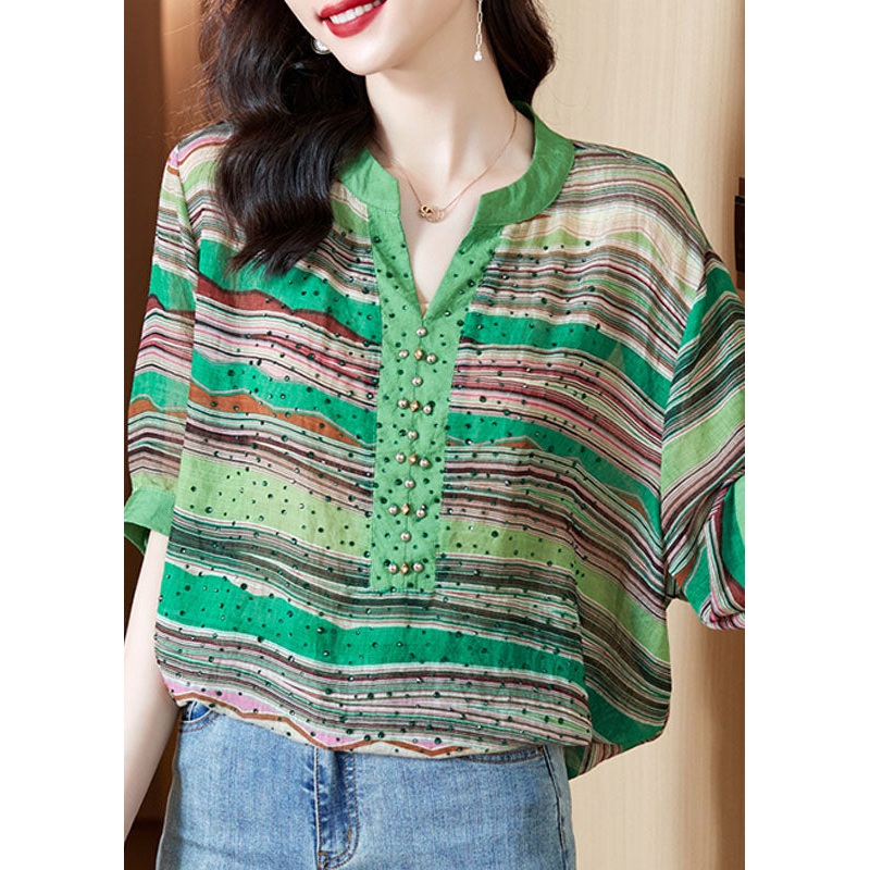 Stylish Green V Neck Striped Print Cotton Shirts Short Sleeve