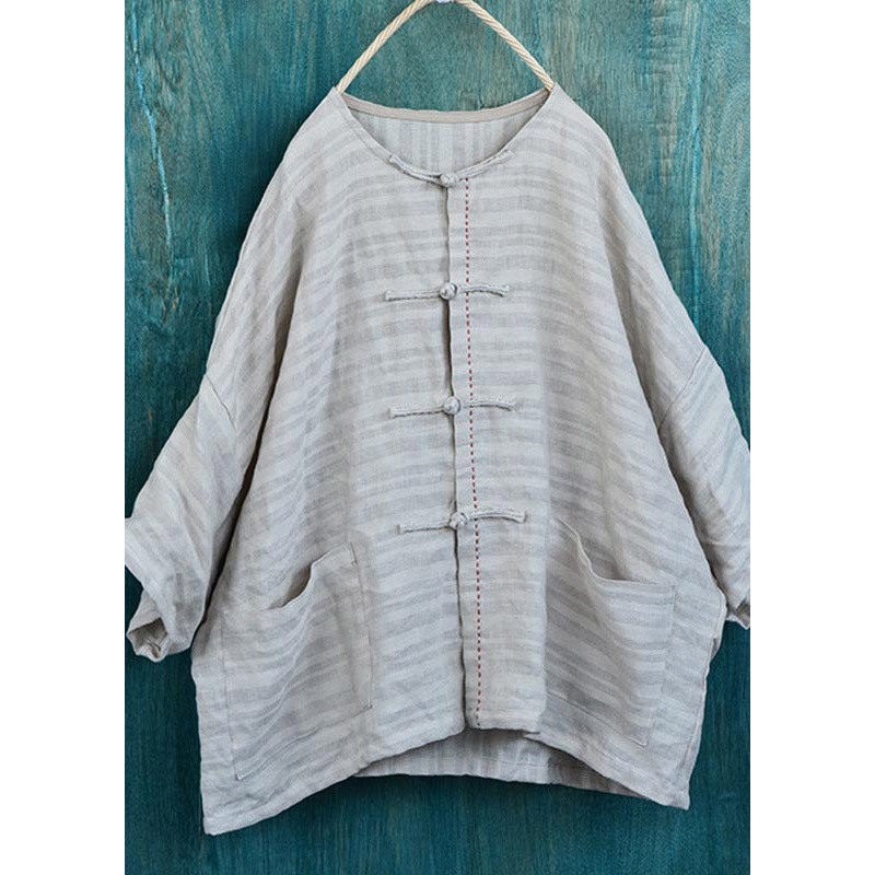Stylish Linen Colour O-Neck Button Linen Top Long Sleeve