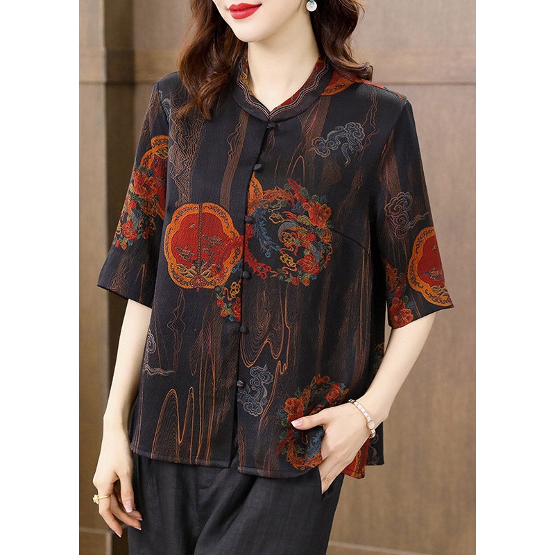 Unique Black Floral Peter Pan Collar Print Button Silk Shirt Half Sleeve