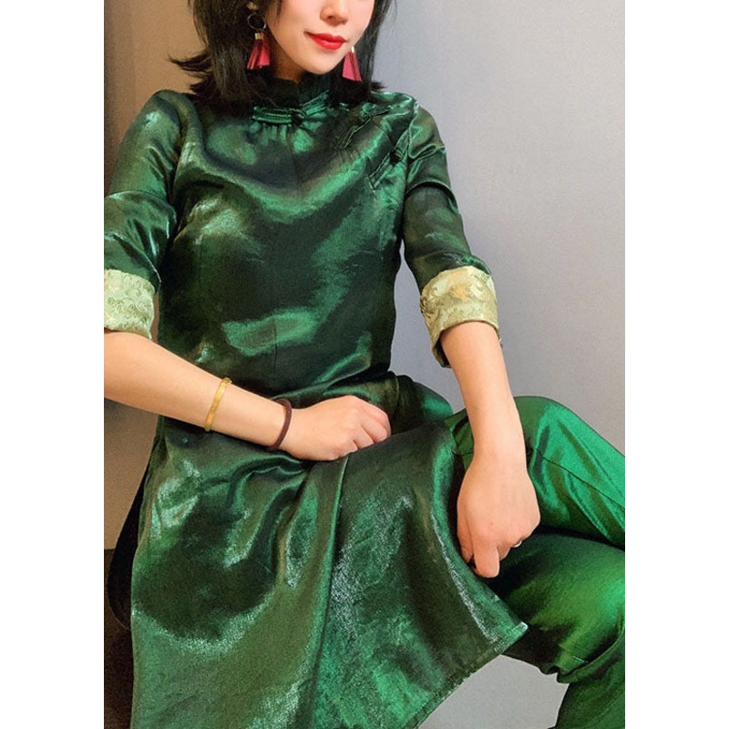 Unique Green Mandarin Collar Button Side Open Silk Chinese Style Two Pieces Set Short Sleeve