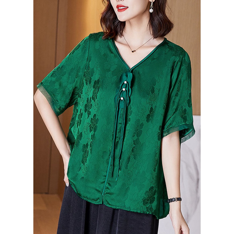 Unique Green V Neck Tassel Patchwork Jacquard Silk Shirt Short Sleeve
