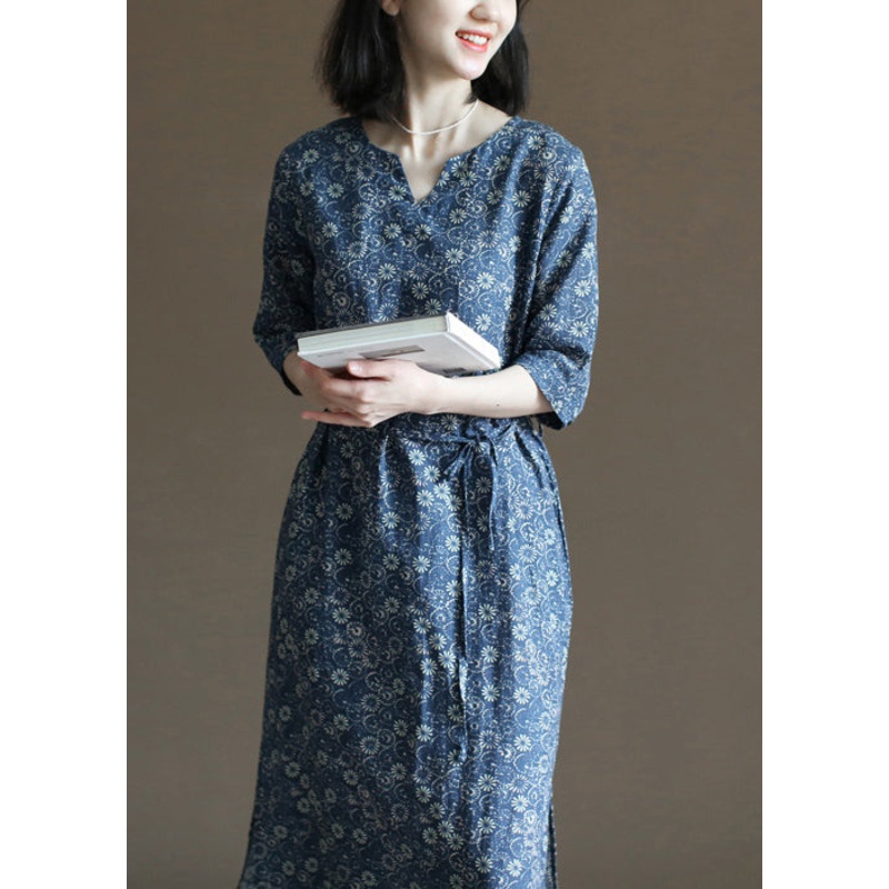 Unique Navy V Neck Print Tie Waist Linen Women's Dresses Half Sleeve