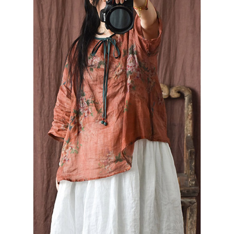 Unique Orange O-Neck Neck Tie Print Linen Top Half Sleeve