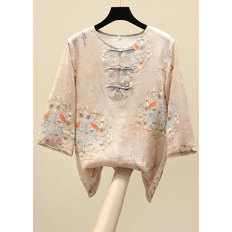 Vintage Apricot O-Neck Print Oriental Button Side Open Linen Tops Half Sleeve