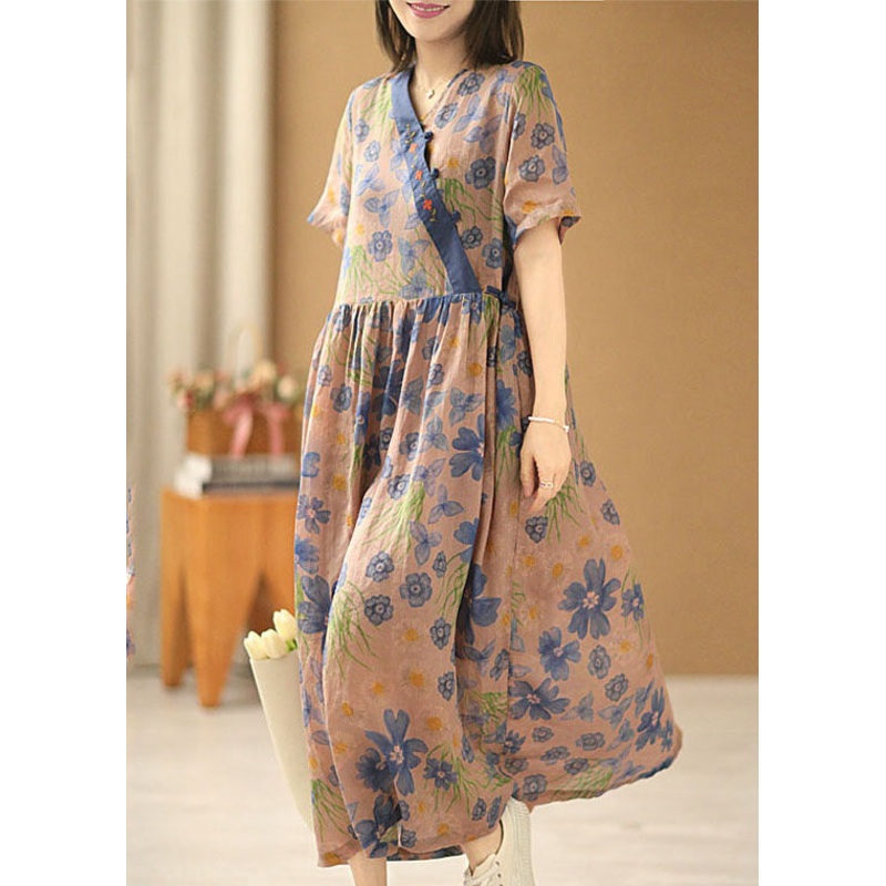 Vintage Asymmetrical Design Embroideried Print Linen Long Dress Short Sleeve