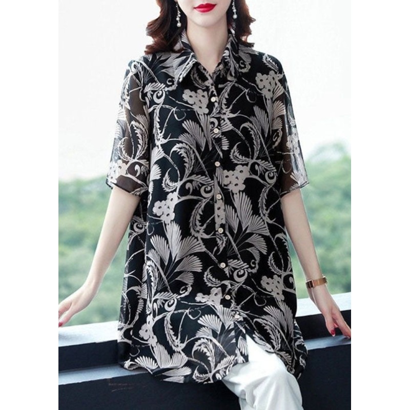 Vintage Black Turn-down Collar Print Draping Chiffon Long Shirt For Women Half Sleeve