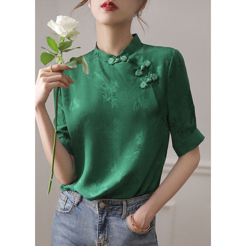 Vintage Green Mandarin Collar Jacquard Oriental Button Silk Shirt Tops Short Sleeve