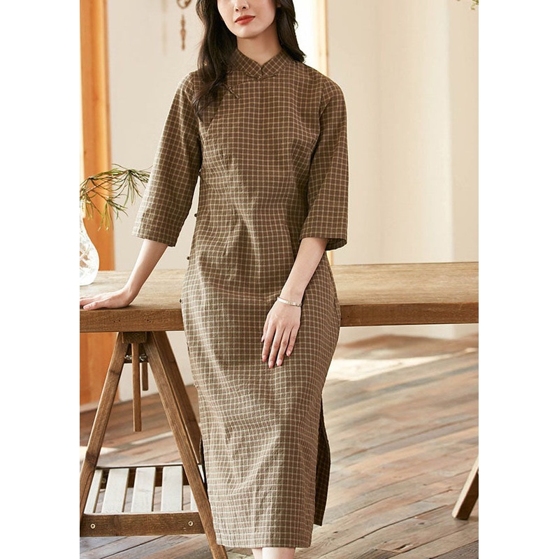 Vintage Green Mandarin Collar Plaid Side Open Cotton Cheongsam Dresses Bracelet Sleeve