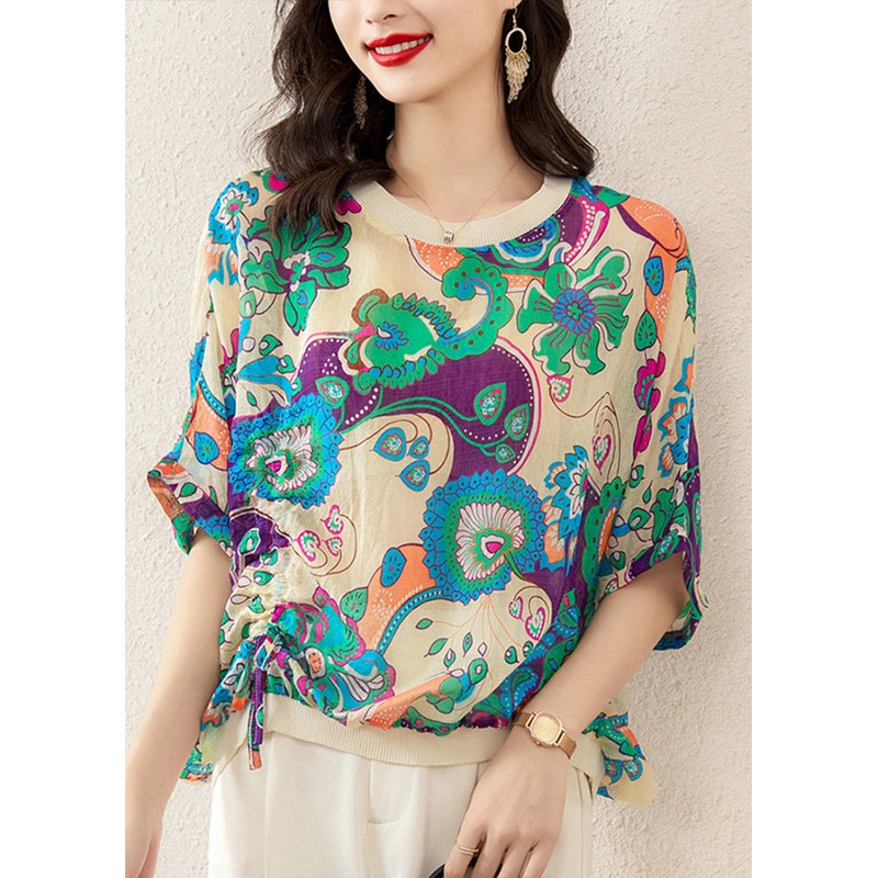 Vintage Green O-Neck Print Cotton Top Half Sleeve