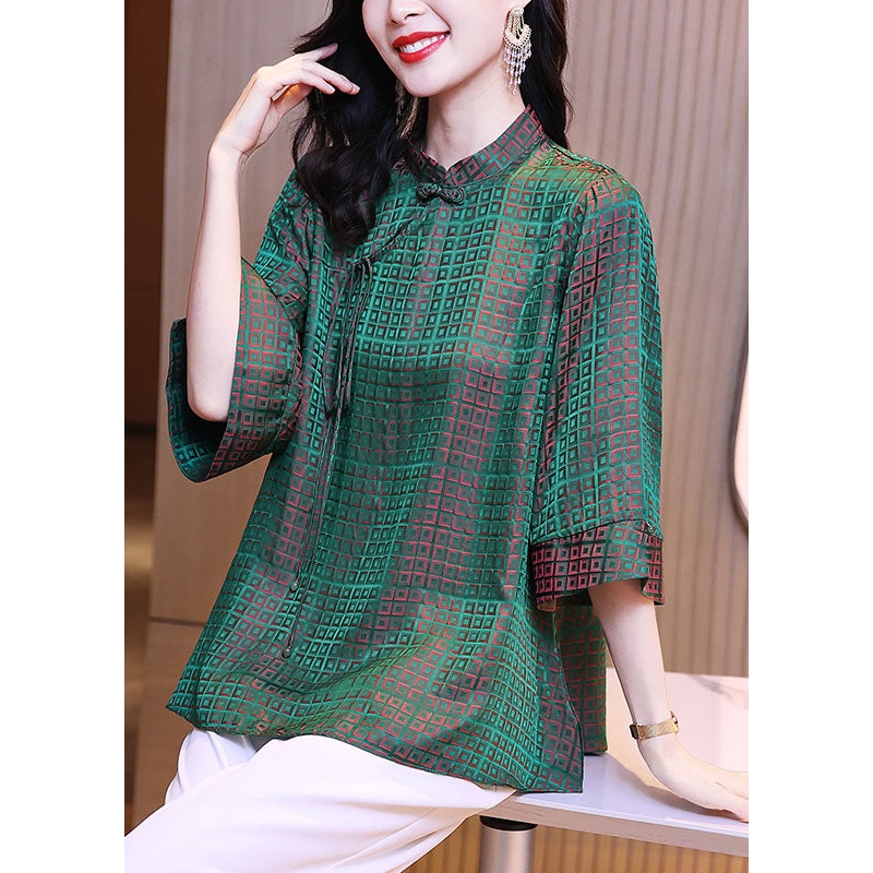 Vintage Green Stand Collar Oriental Button Plaid Jacquard Silk Shirt Tops Bracelet Sleeve
