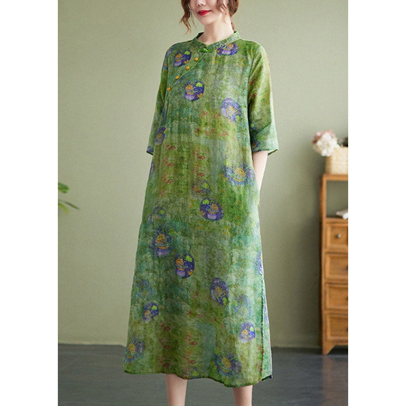 Vintage Green Stand Collar Print Side Open Cotton Linen Cheongsam Dress Half Sleeve