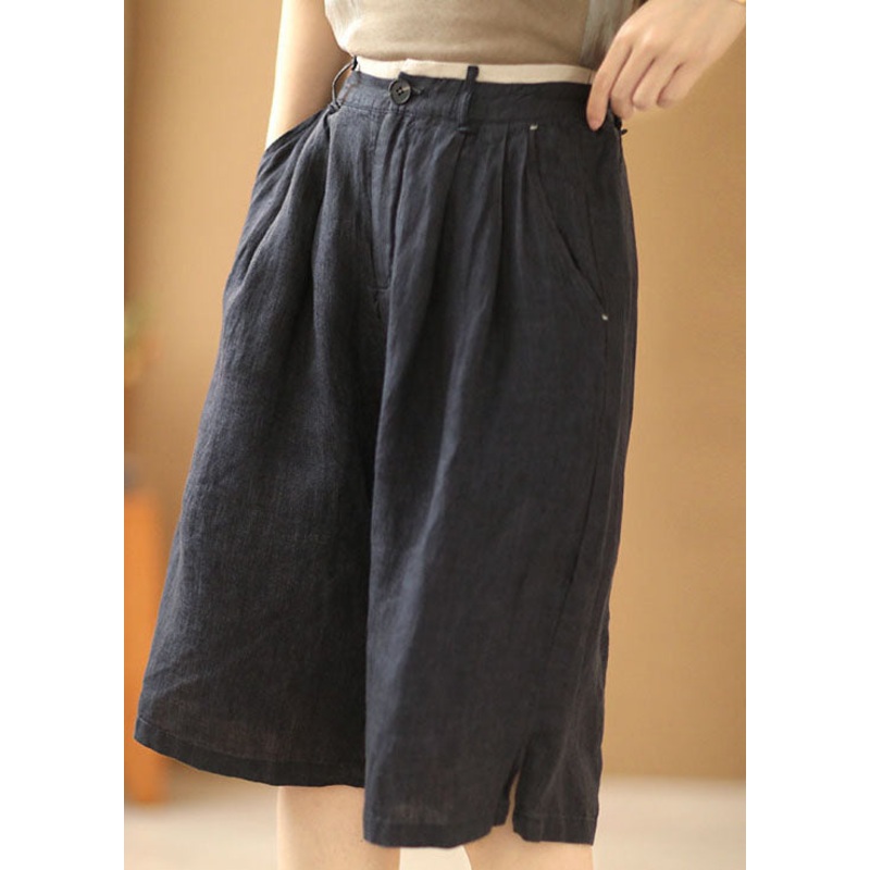 Vintage Navy Elastic Waist Pockets Linen Straight Pants Shorts Summer