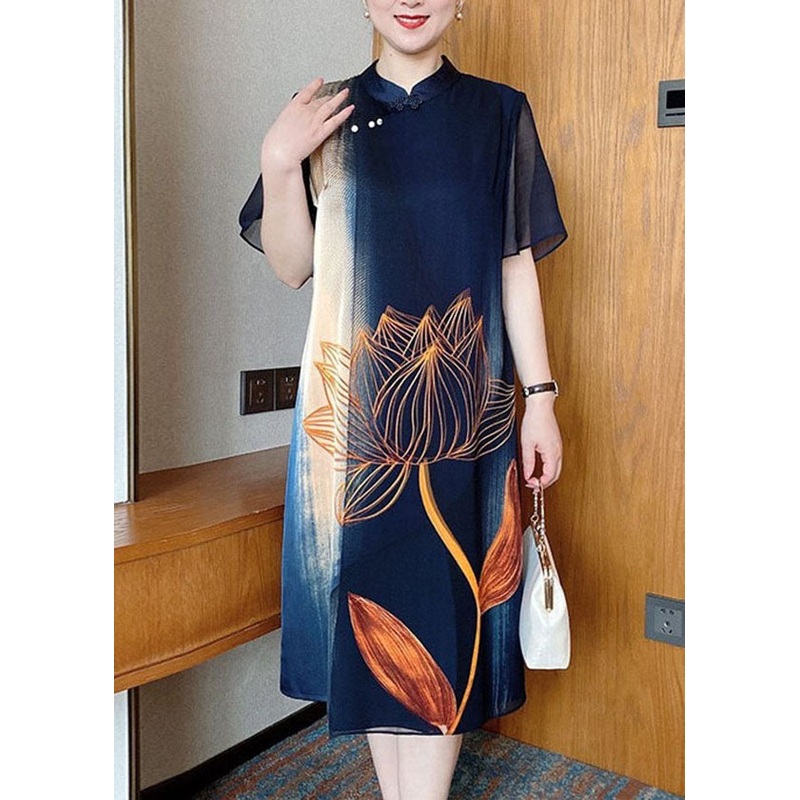 Vintage Navy Mandarin Collar Print Silk Holiday Dress Cloak Sleeves