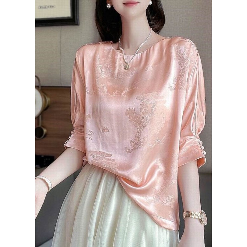 Vintage Pink O-Neck Jacquard Button Silk Blouse Tops Half Sleeve
