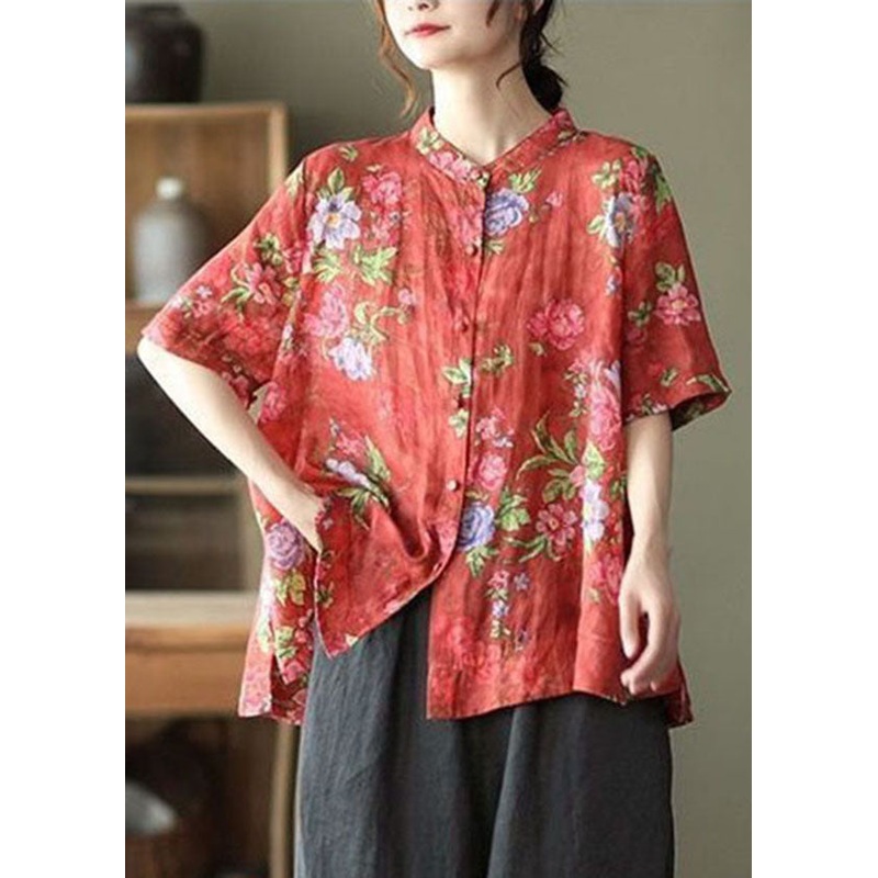 Vintage Red Stand Collar Print Cotton Shirt Tops Short Sleeve
