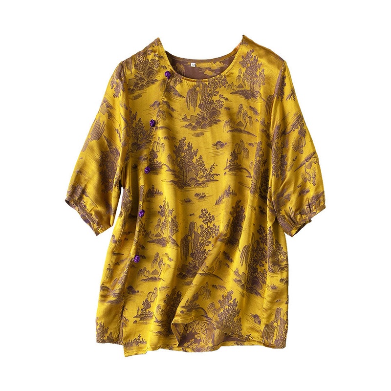 Vintage Yellow Jacquard Side Open Draping Silk Shirt Tops Short Sleeve