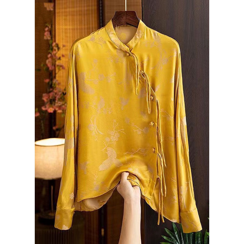 Vintage Yellow V Neck Asymmetrical Design Wrinkled Print Blouse Top Lantern Sleeve