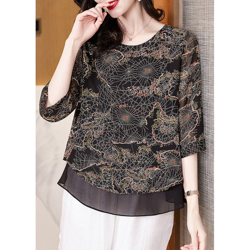 Vogue Black O-Neck Print Chiffon Top Long Sleeve
