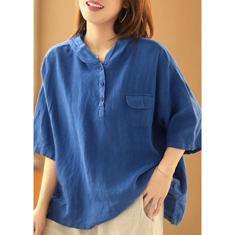 Women Blue Solid Color Hooded Pockets Linen Pullover Top Summer