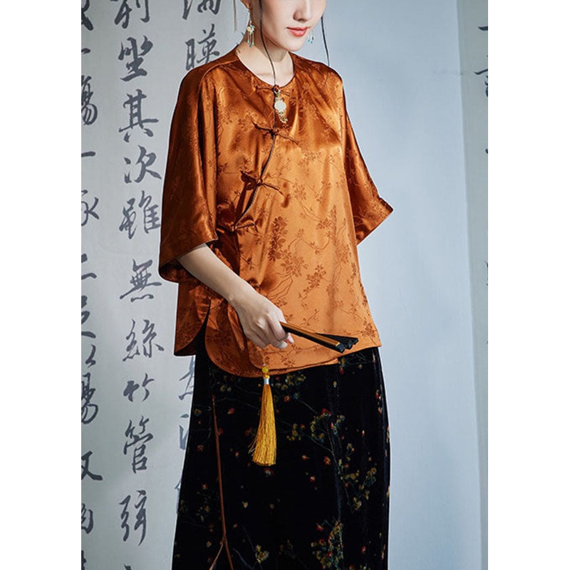 Women Caramel O-Neck Oriental Button Side Open Jacquard Silk Shirt Half Sleeve