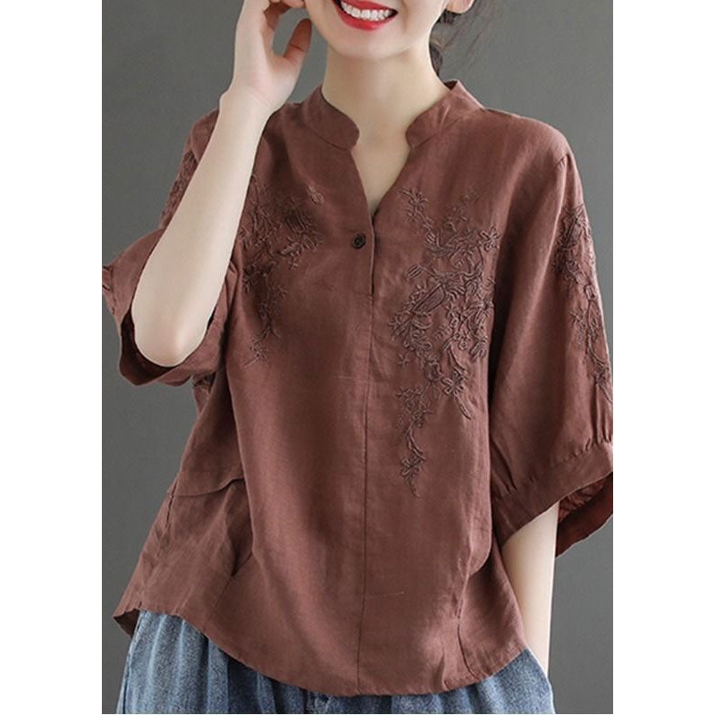 Women Coffee V Neck Embroideried Wrinkled Linen Blouse Top Lantern Sleeve