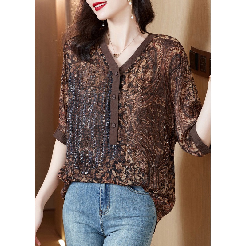 Women Coffee V Neck Print Low High Design Chiffon Tops Short Sleeve