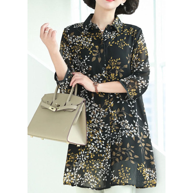 Women Dark Blue Peter Pan Collar Print Button Chiffon Long Shirt Tops Bracelet Sleeve