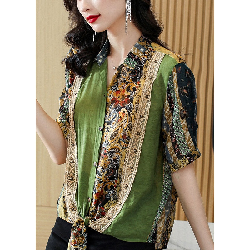 Women Green Peter Pan Collar Print Button Silk Top Short Sleeve
