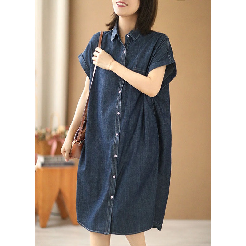 Women Navy Solid Color Peter Pan Collar Button Cotton Denim Dresses Short Sleeve