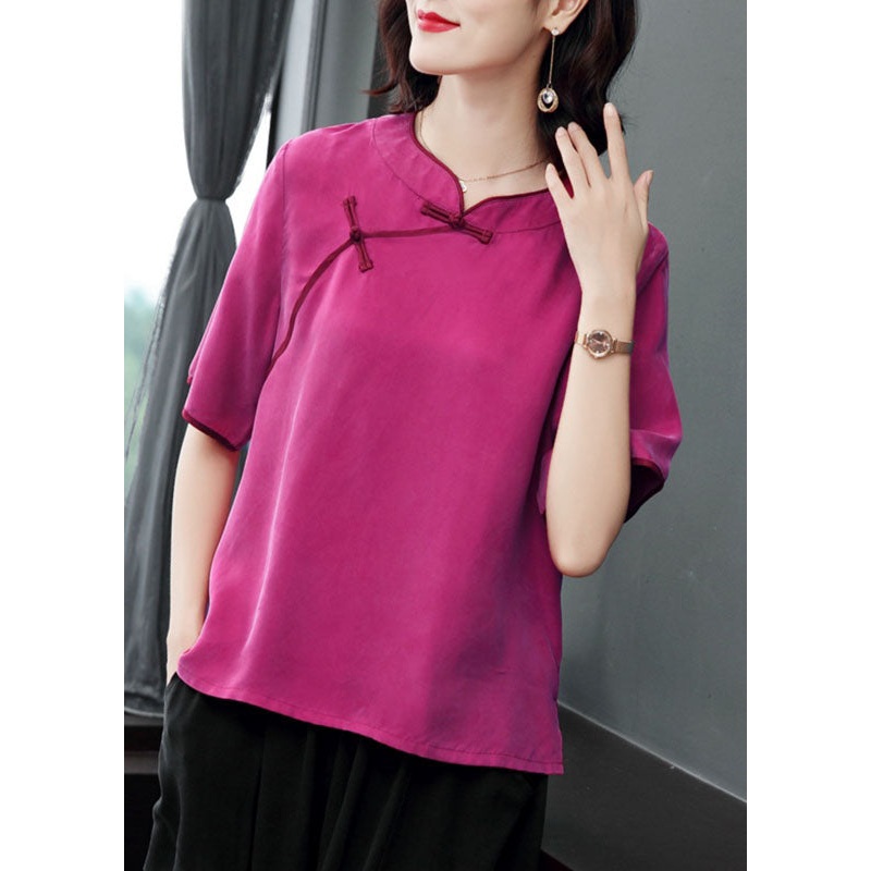Women Rose O-Neck Oriental Button Solid Color Silk Shirt Top Short Sleeve