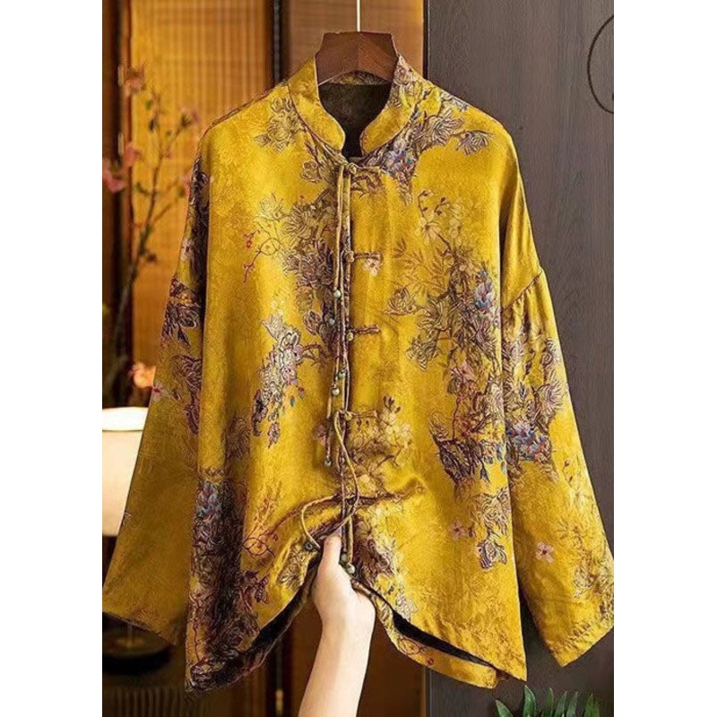 Yellow Stand Collar Oriental Button Patchwork Tassel Jacquard Silk Shirt Top Long Sleeve