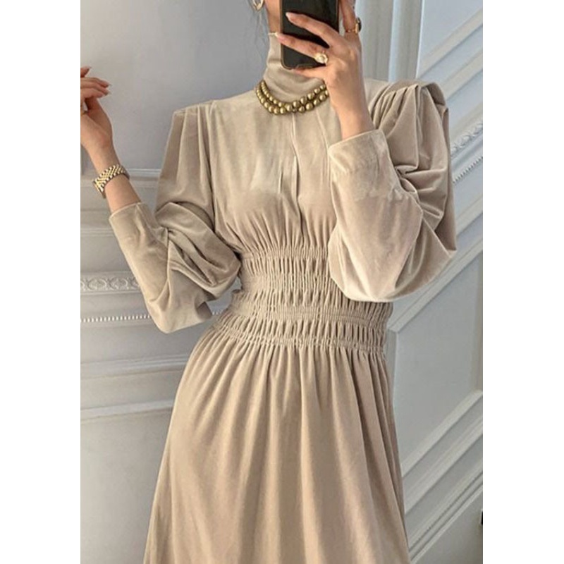 Art Beige Turtle Neck Elastic Waist Silk Velour Holiday Dress Lantern Sleeve