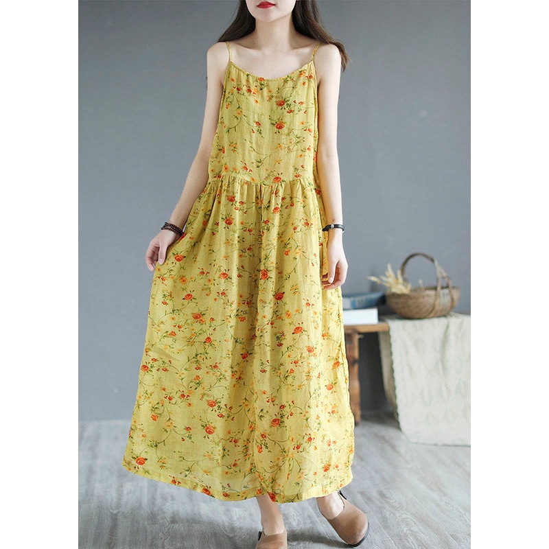 Beach Yellow Slash Neck Print Cinched Linen Spaghetti Strap Sundress Summer