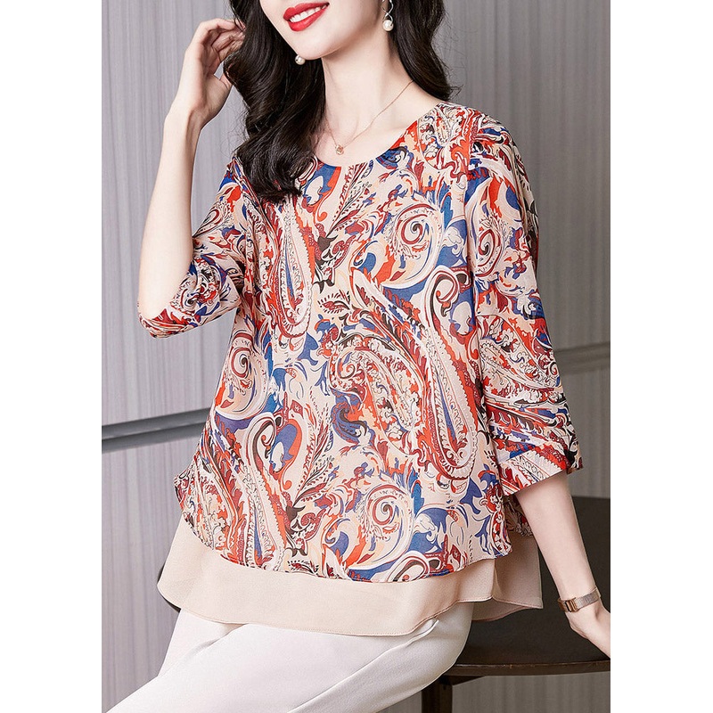 Beautiful Apricot O-Neck Print Chiffon Top Long Sleeve