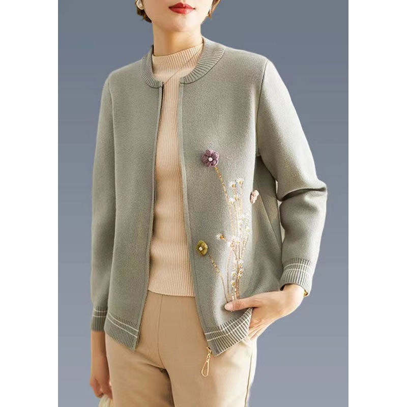 Beautiful Blue Zip Up Floral Woolen Coat Outwear Long Sleeve