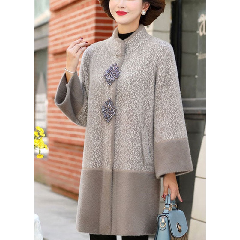 Beautiful Light Grey Stand Collar Patchwork Pockets Mink Hair Knitted Trench Coats Winter