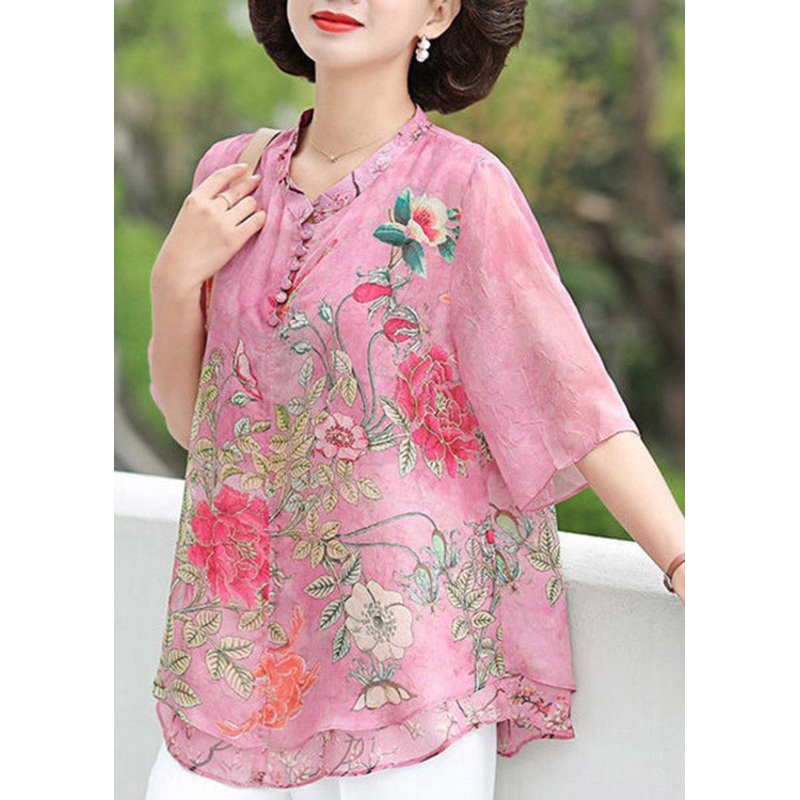 Beautiful Pink V Neck Print Button Top Half Sleeve