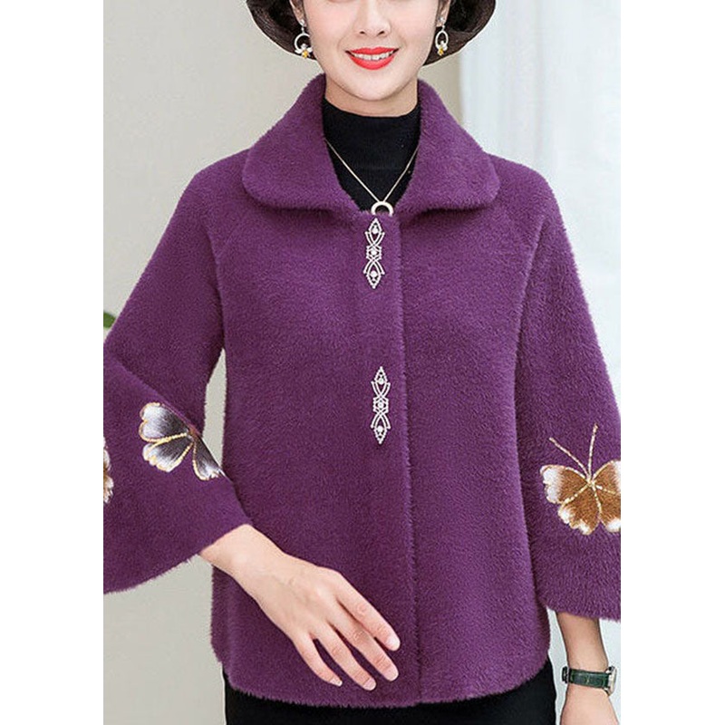 Beautiful Purple Square Collar Floral Mink Hair Knitted Coats Winter