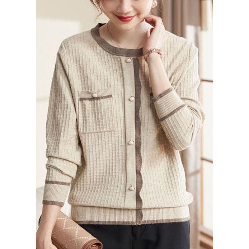 Beige Pockers Knit Sweater Tops O-Neck Button Long Sleeve