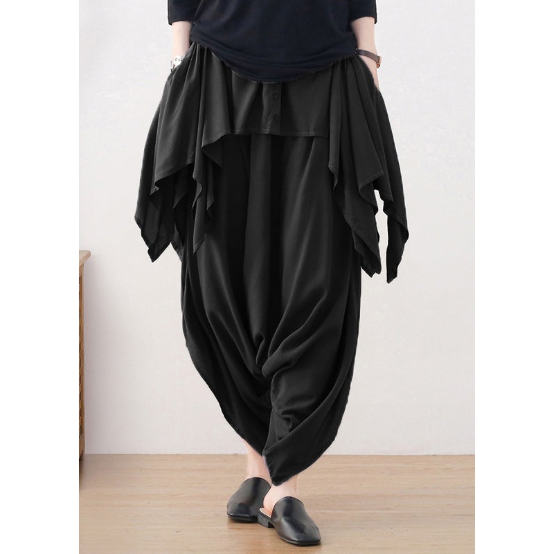 Black Elastic Waist Cotton Wide Leg Pants Skirt Fall
