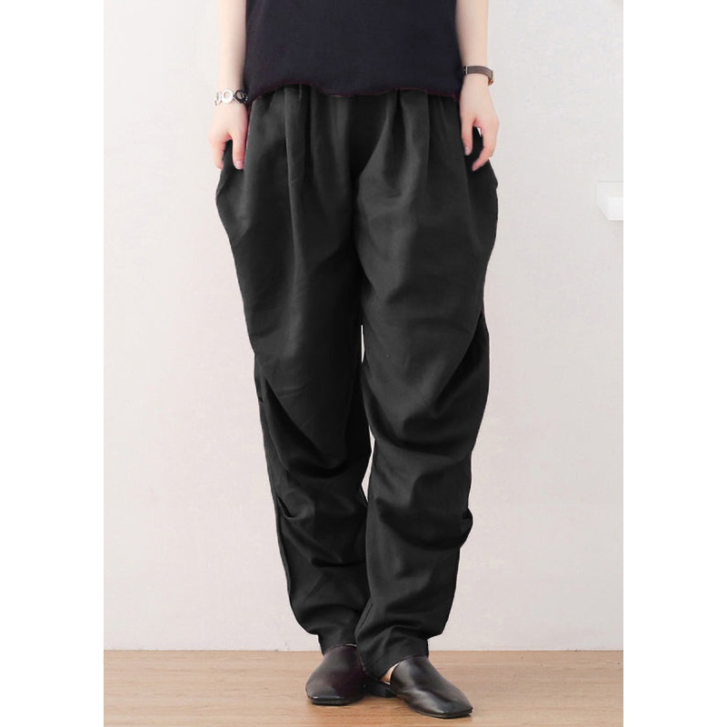 Black Elastic Waist Linen Beam Pants Fall