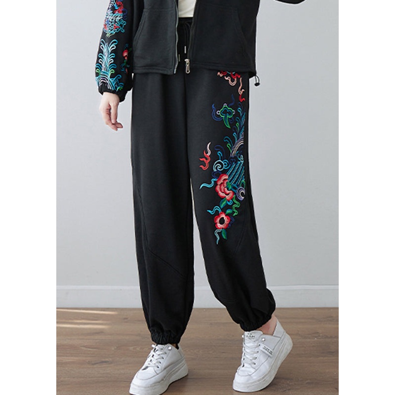 Black Embroideried Floral Pockets Elastic Waist Pants Fall