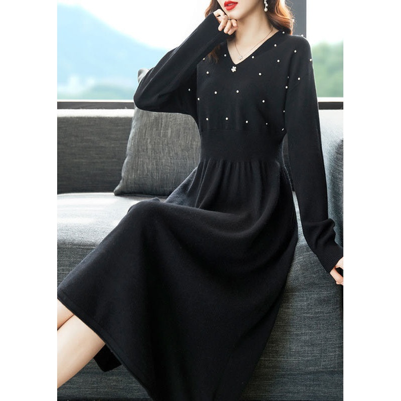 Black Knit Sweater Dress V Neck Nail Bead Exra Large Hem Winter