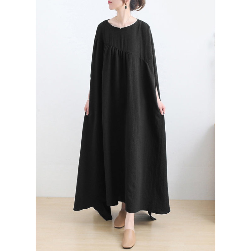 Black Low High Design Cotton Long Dress Short Sleeve