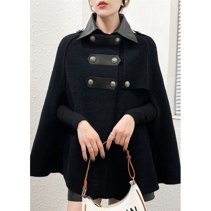 Black Patchwork Woolen Coats Peter Pan Collar Pockets Cloak Sleeves